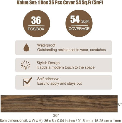 Hilarious Peel and Stick Vinyl Floor Tiles, Rustic Walnut Wood 36 PCS 54 Sq.Ft Waterproof Floor Stickers Self Adhesive Vinyl Flooring Stick on Floor Tiles Vinyl Plank Bathroom, Kitchen, Living Room RV