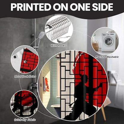 Anime Shower Curtain Japanese Black and Red Asian Cool Shower Curtains for Mans Bathroom Decor Sets, Waterproof Cloth Fabric with Hooks, 70x72 Inch