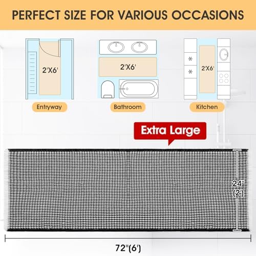 IM HOME Extra Large Waffle Bath Mat Black & Cream 6'x2'(72" x 24"), Boho Woven Modern Bath Mat Rugs, Absorbent Non Slip Bathroom Rugs, Soft Washable Bath Rugs with Tassels for Bathroom