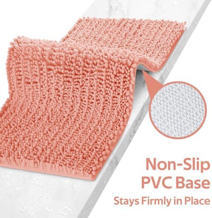 ACCUMTEK Upgrade Extra Large Coral Bathroom Rug Set 3 Pieces Ultra Soft, Thick Absorbent Bath Mats, Non Slip Chenille Toilet Mat for Bathroom, Bedroom, Kitchen