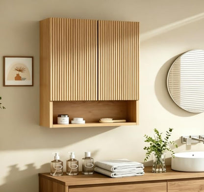 USHOWER Natural Bathroom Wall Cabinet with Fluted Doors & Open Shelf