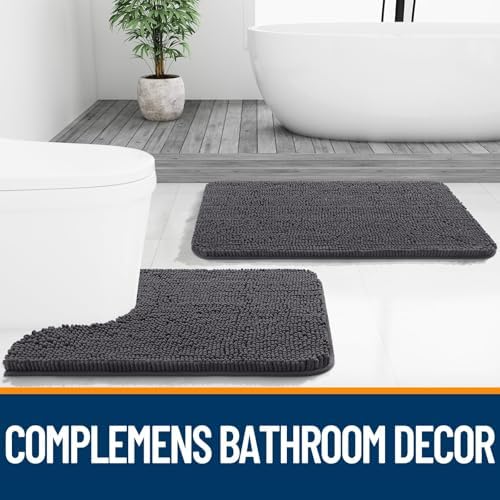 OLANLY Chenille Bathroom Rugs Mats Sets 2 Piece, 30"x20"+24"x20", Dark Grey
