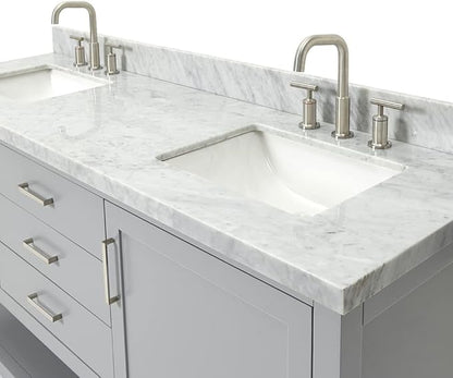 ARIEL Bayhill 72-inch Bathroom Vanity with Sink,Solid Wood, 1.5-inch Italian Carrara Marble Countertop, Double Rectangular Porcelain Sink, 2 Soft Closing Doors, 3 Dovetail Drawers, Grey