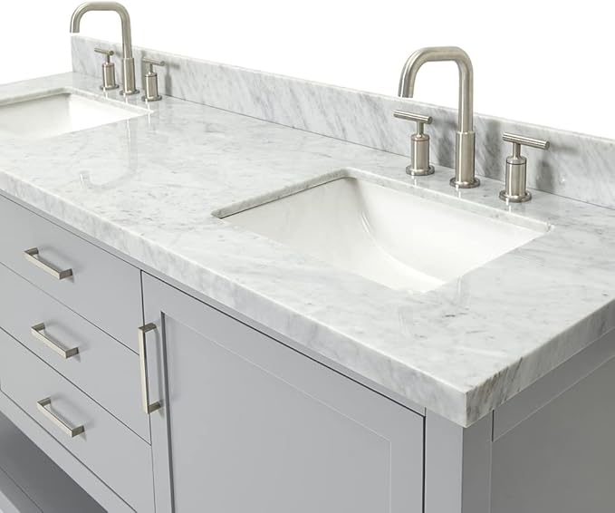 ARIEL Bayhill 72-inch Bathroom Vanity with Sink,Solid Wood, 1.5-inch Italian Carrara Marble Countertop, Double Rectangular Porcelain Sink, 2 Soft Closing Doors, 3 Dovetail Drawers, Grey