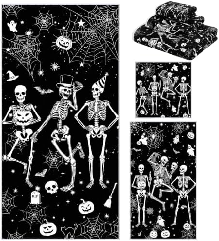 Moukeren Set of 3 Halloween Bathroom Towels Gothic Skull Bath Towel Hand Towels and Washcloth Soft Spooky Black White Decorative Towel Housewarming Gifts for Farmhouse Bathroom Kitchen