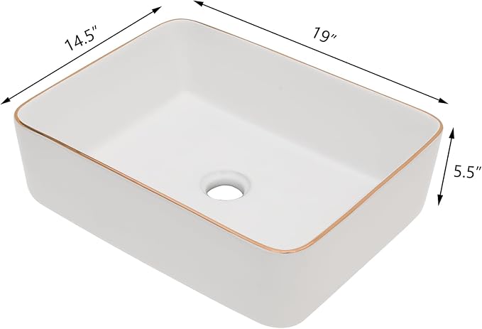 Bathroom Vessel Sink 19'' x 15'' White Rectangular Ceramic Sink with Gold Rim Above Counter Vanity Sink for Modern Bathroom