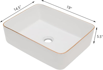 Bathroom Vessel Sink 19'' x 15'' White Rectangular Ceramic Sink with Gold Rim Above Counter Vanity Sink for Modern Bathroom