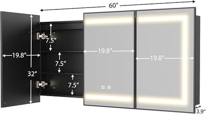 ROOMTEC 60 x 32 Inch Medicine Cabinet Mirror with LED Lights, Black Bathroom Medicine Cabinet with Mirror and Storage, Recessed or Wall Mount, 3 Color Temperature, Dimmable Light