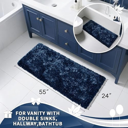 Yimobra Long Bathroom Rugs Runner 55x24 Inch, Extra Thick Soft Absorbent Chenille Bath Mat, Non Slip Machine Washable, Quick Dry Bath Rugs for Bathroom Floor, Tub and Shower, Blue