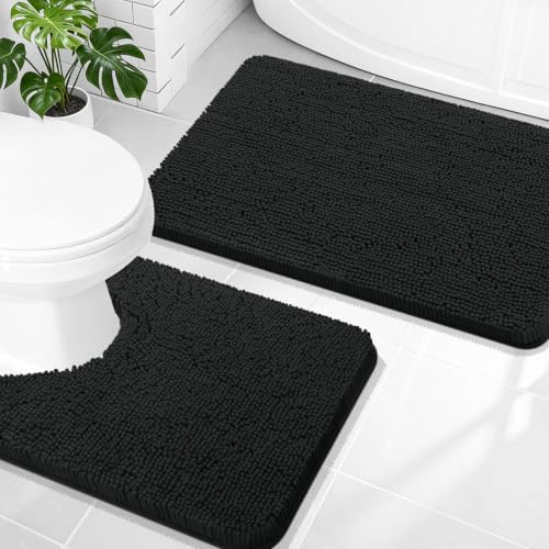 OLANLY Chenille Bathroom Rugs Mats Sets 2 Piece, 30"x20"+24"x20", Black