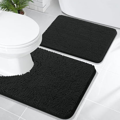 OLANLY Chenille Bathroom Rugs Mats Sets 2 Piece, 24"x16"+24"x20", Black