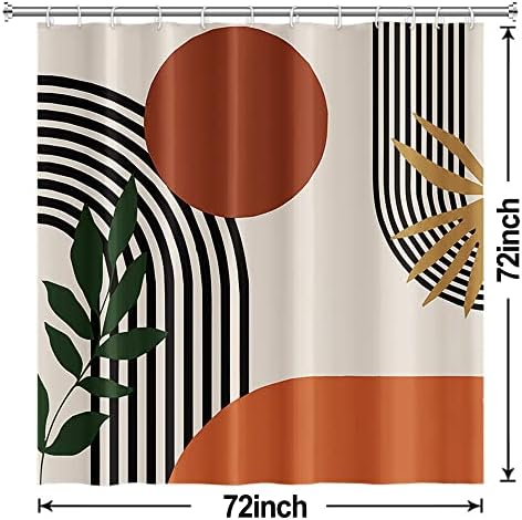 Mid Century Boho Shower Curtain, Abstract Minimalist Sunrise Fabric Shower Curtain Set Orange Waterproof Polyester Morden Abstract Leaves and Arch Bathroom Curtain Set with Hooks, 72x72 Inch