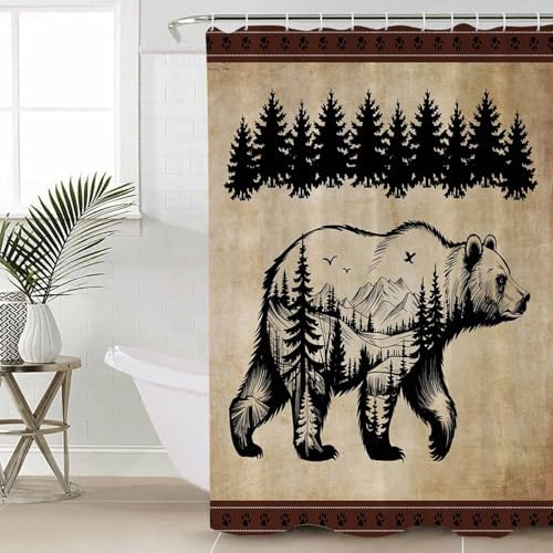 Shower Curtain Bathroom Set Bear Forest Mountains Animal Silhouette Waterproof Shower Curtains with Grommets Hooks Vintage Brown Gradient Privacy Bath Curtain for Bathtub Decor 60x72in