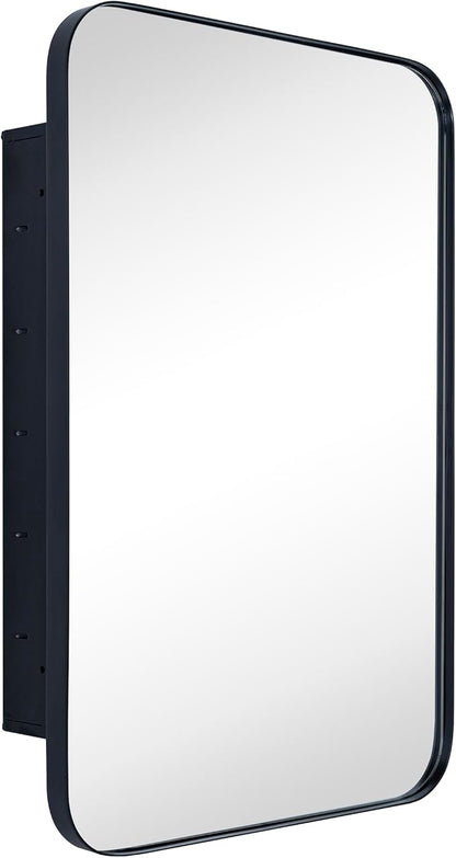 Matt Black Rectangle Recessed Bathroom Medicine Cabinet with Mirror Stainless Steel Metal Framed Rounded Rectangular Bathroom Cabinet with Mirror 16x24''