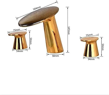 Basin Faucet Brushed Gold Bathroom Sink 3 Hole Widespread Rose Mixer Hot and Cold Waterfall Tap New-Gold(Black Oil Brushed)
