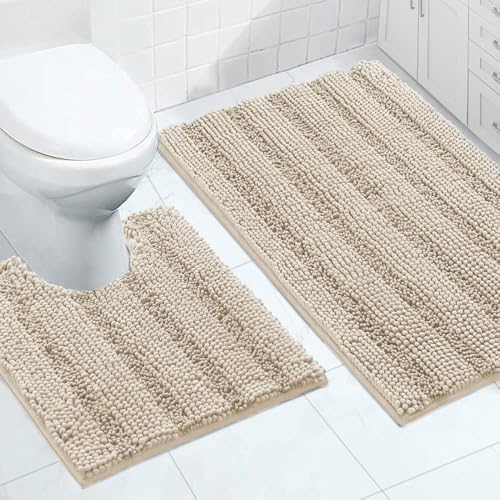 2-Piece Bathroom Rug Set with U-Shaped Mat, Soft Absorbent Chenille, Fog