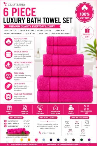 6 Piece Bath Towel Set, 2 Bath, 2 Hand, 2 Washcloths, Hot Pink