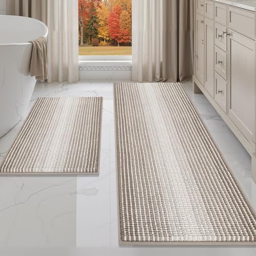 BBSICPRO Bathroom Rugs Sets 2 Piece, Non Slip Boho Bath Mats, Light Taupe