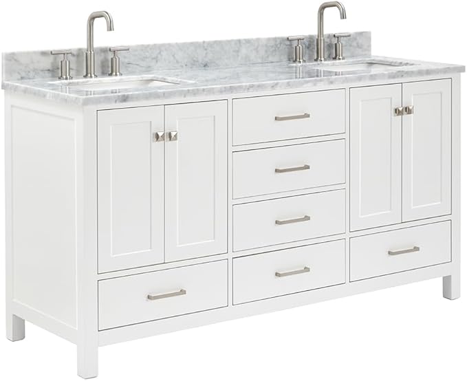 ARIEL Cambridge 66-inch Bathroom Vanity with Sink,Solid Wood, 0.75-inch Italian Carrara Marble Countertop, Double Rectangular Porcelain Sink, 4 Soft Closing Doors, 6 Dovetail Drawers, White