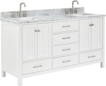 ARIEL Cambridge 66-inch Bathroom Vanity with Sink,Solid Wood, 0.75-inch Italian Carrara Marble Countertop, Double Rectangular Porcelain Sink, 4 Soft Closing Doors, 6 Dovetail Drawers, White