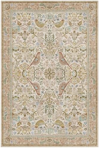 Large Washable Living Room Rug 8x12 - Beige Floral Area Rugs for Bedroom Under Bed, Dining Room Table Rug, Neutral Farmhouse Décor with Light Blue and Green Accent, Non-Slip Stain & Fade Resistant