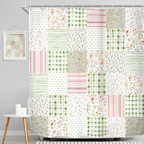 Green Floral Patchwork Shower Curtain Sage Green Pink Gingham Vintage Boho