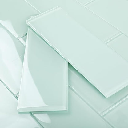 Glass Tiles for Backsplash, Glass Subway Tile 4x12 Inch for Kitchen Bathroom Shower Wall Ice Age (12 Pcs, 4 sq.ft)