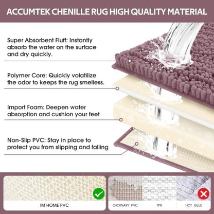 ACCUMTEK Upgrade Extra Large Mauve Bathroom Rug Set 3 Pieces Ultra Soft, Thick Absorbent Bath Mats, Non Slip Chenille Toilet Mat for Bathroom, Bedroom, Kitchen