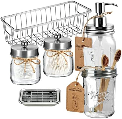 SheeChung Mason Jar Bathroom Accessories Set, Rustic, 6Pcs, Brushed Nickel