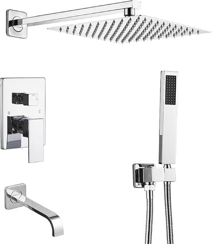 Chrome Shower System with Tub Spout Wall Mounted Tub Shower Faucet Set for Bathroom with High Pressure 10" Rain Shower head and Handheld Shower Head Kit