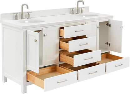 ARIEL Cambridge 66-inch Bathroom Vanity with Sink,Solid Wood, 1.5-inch Pure White Quartz Countertop & Backsplash, Double Oval Porcelain Sink, 4 Soft Closing Doors, 6 Dovetail Drawers, White