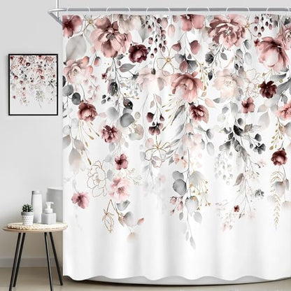 Extra Long Floral Grey Pink Leaves Bathroom Shower Curtain Set