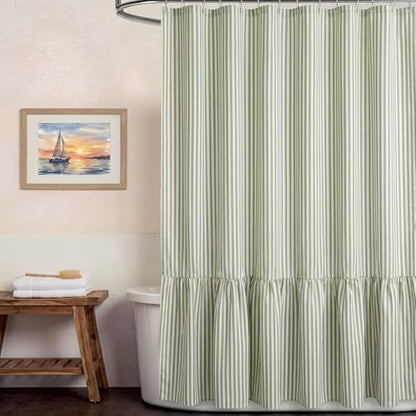 HunnmingRe Sage Green Farmhouse Striped Shower Curtain Ruffle Hem 72x72''