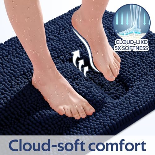 ACCUMTEK Striped Navy Blue Toilet Bathroom Rug Mat Set 2 piece Rug Ultra Soft, Non Slip Chenille Bath Rugs, Absorbent Plush Shaggy Bath Mats for Bathroom, Bedroom, Kitchen, Shower, Tub