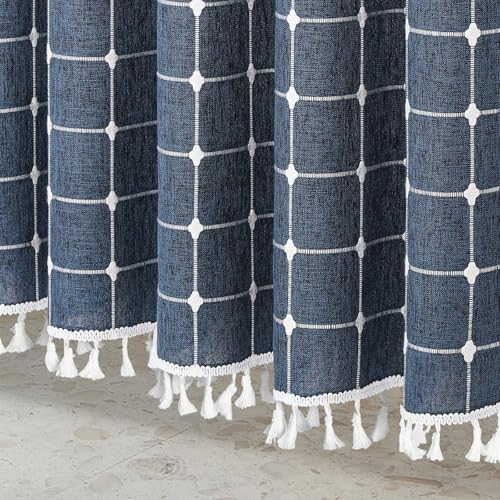 Boho Farmhouse Classic Plaid Linen Tassel Shower Curtain Navy Blue,72x72