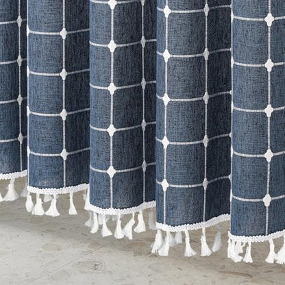 Boho Farmhouse Classic Plaid Linen Tassel Shower Curtain Navy Blue,72x72