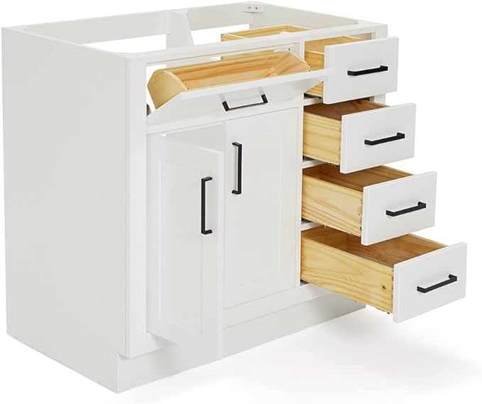 ARIEL Hepburn 36-inch Bathroom Vanity Base Cabinet,Solid Wood, 2 Soft Closing Doors, 5 Dovetail Drawers, White