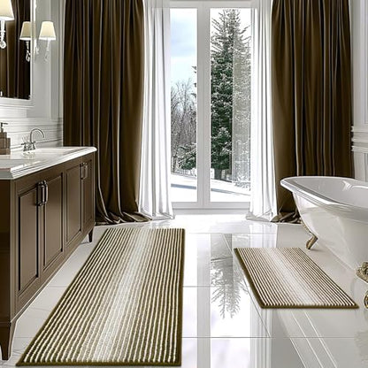 BSICPRO Bathroom Rugs Sets 2 Piece, Non Slip Striped Bath Mat, Coyote Brown