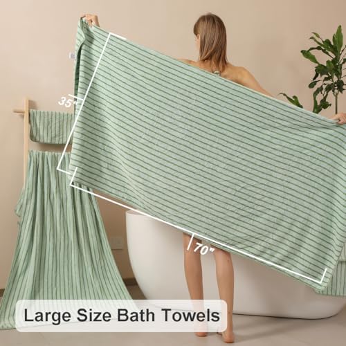 4 Pcs Green Cabana Stripe Large Bath Sheets Soft Microfiber Bathroom Towels