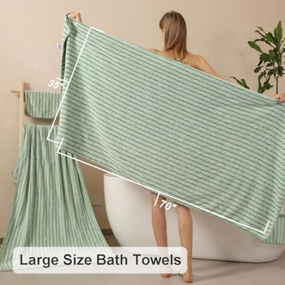 4 Pcs Green Cabana Stripe Large Bath Sheets Soft Microfiber Bathroom Towels