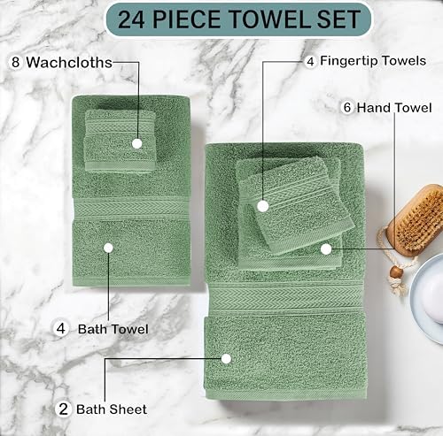 HILLFAIR 100% Cotton 24 Piece Bath Towels Set for Bathroom - Sage