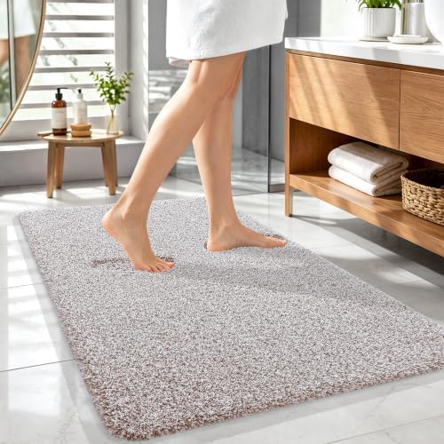 OLANLY Microfiber Bathroom Rugs 44x32, Quick Dry Bath Mat, Mocha and White