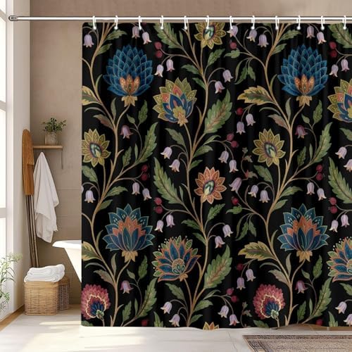 Vintage Floral Shower Curtain for Bathroom, Rustic Farmhouse Black and Teal Sage Green Boho Botanical Shower Curtains, Retro Cottagecore Wildflower Aesthetic Bath Curtain Set with Hooks， 72 x 78 Inch