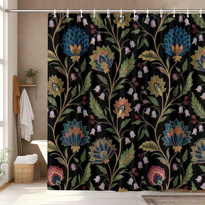 Vintage Floral Shower Curtain for Bathroom, Rustic Farmhouse Black and Teal Sage Green Boho Botanical Shower Curtains, Retro Cottagecore Wildflower Aesthetic Bath Curtain Set with Hooks， 72 x 78 Inch