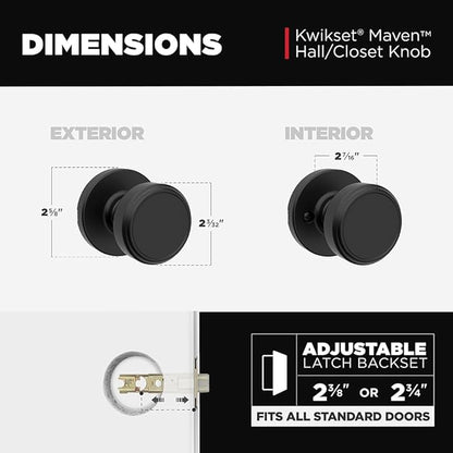 Kwikset Maven Interior Passage Door Knob, Handle for Closet and Hallway Doors, Round Non-Locking Doorknob in Matte Black, with Microban Protection
