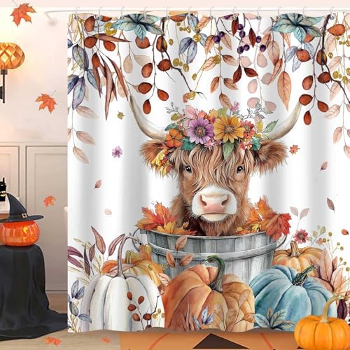 Fall Pumpkin Highland Cow Shower Curtain, Thanksgiving Autumn Farmhouse Animal Harvest Seasonal Decor Bathroom Curtains, Waterproof Fabric Polyester with Hooks, 72x72 Inch