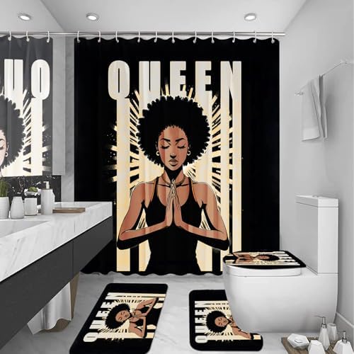 4Pcs Bathroom Shower Curtain Sets, Inspirational Quote African American Black Queen Shower Curtains with Rugs Toilet Lid Cover Bath Mat, Praying Black Girl Bathroom Decor Set