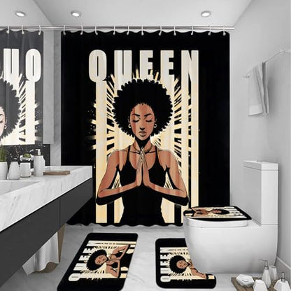 4Pcs Bathroom Shower Curtain Sets, Inspirational Quote African American Black Queen Shower Curtains with Rugs Toilet Lid Cover Bath Mat, Praying Black Girl Bathroom Decor Set