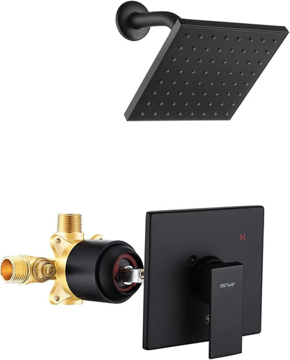 Esnbia Matte Black Tub Shower Kit, 6-Inch Rain Head, Valve, Trim Kit | Complete tub and shower trim kit with 6-inch rainfall head, single-handle control, tub spout, and valve. Matte Black finish.