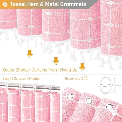 BTTN 60x72 Boho Farmhouse Linen Heavy Duty Fabric Shower Curtain Set, Pink